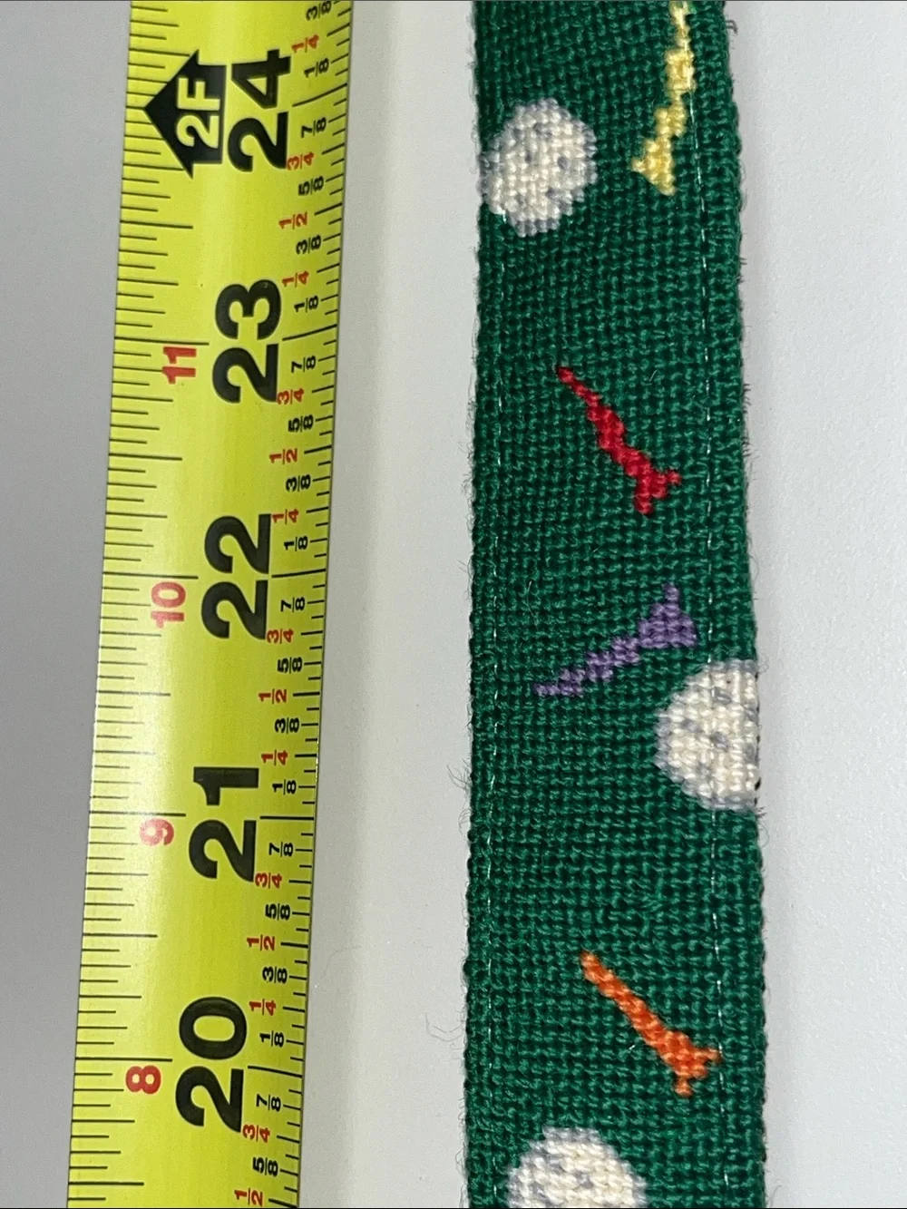 Vogue Accessories Custom Made Green Needlepoint PWN Belt with Brown Leather Trim
